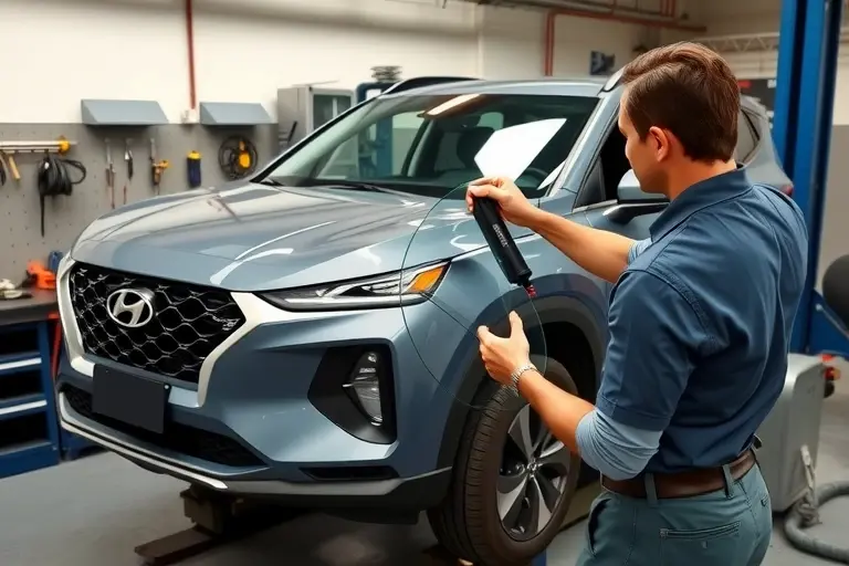 A detailed, realistic depiction of a mechanic in a garage replacing the windshield of a 2020 Hyundai Santa Fe 2.5 Turbo. The scene shows the vehicle on a lift or jack, the old windshield partially removed, a new clear glass panel being fitted with proper alignment tools and a sealant dispenser. The background includes automotive tools, a workbench, and a subtle hint of a garage setting. The focus is on the precision of the replacement process, with clear lighting and realistic textures of metal, glass, and rubber.