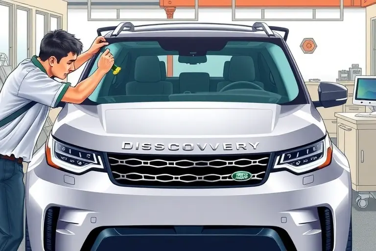 A realistic illustration of a mechanic replacing the windshield of a Land Rover Discovery 2.0 PHEV 398 hp, showing the vehicle's front profile, the new glass panel in place, and tools such as a suction cup, a cleaning brush, and a sealant applicator, all in a detailed, high‑resolution automotive workshop setting