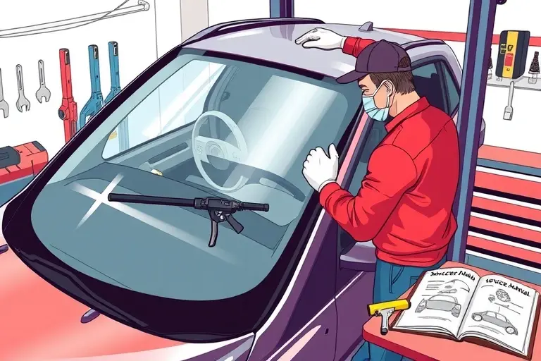 A detailed, realistic illustration of a mechanic replacing the windshield on a 2021 Opel Astra 1.5 diesel 130 hp. The scene shows the car on a lift or in a garage, the old windshield removed, a new clear glass panel being fitted, with automotive tools such as a suction cup, a glass cutter, a sealant gun, and a protective mask. The background includes a workbench with organized tools, a service manual open to the windshield replacement section, and a subtle reflection of the car’s body on the glass. The lighting is bright and evenly distributed, highlighting the clarity of the new windshield and the precision of the work.