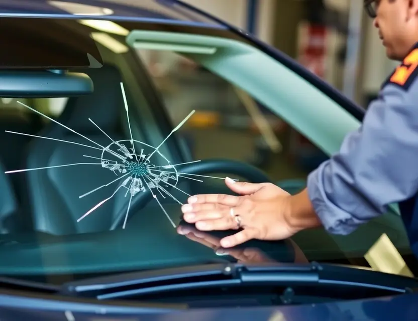 A high-quality image depicting a Forthing windshield replacement service. Show a car with a cracked windshield being worked on by a technician. The scene should be clean and professional, highlighting the replacement process. Focus on the technician's hands and the new windshield being installed.