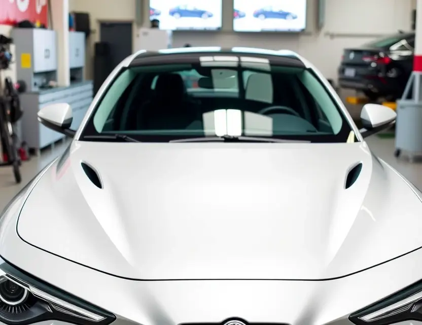 A modern Alfa Romeo Giulia with a newly replaced windshield, parked in a well-lit automotive service center, showing clean lines and professional craftsmanship, no people, no text, no logos