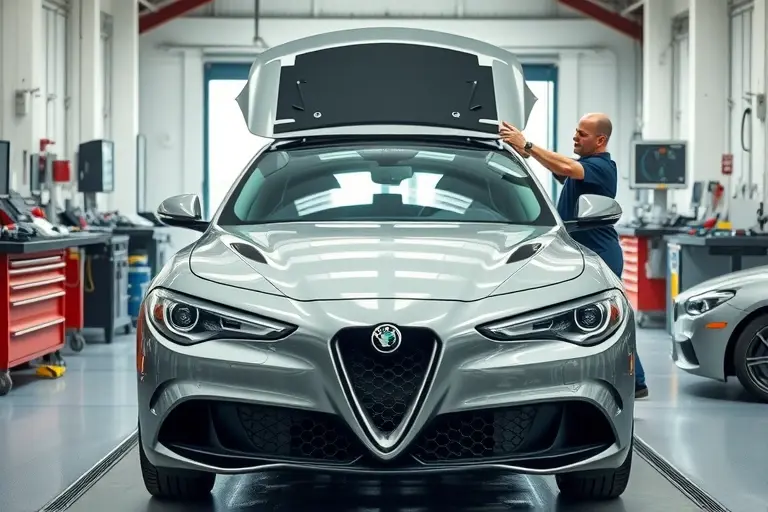 A realistic scene of an Alfa Romeo Tonale 2.0 Turbo (2020s model) in a workshop, with a professional mechanic carefully removing the old windshield and installing a new one. The car is centered, showing the front and the open windshield area, tools and protective equipment visible, bright clean lighting, no background clutter.