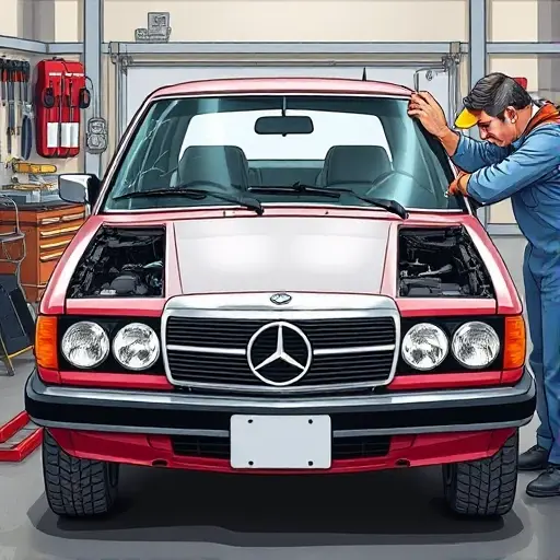 A realistic illustration of a mechanic replacing the windshield on a 1979-1985 Bitter SC 3.0 L R6 180 hp car. The image shows the front end of the car with the old broken glass removed and the new glass being installed. The scene is set in a workshop with tools, safety gear, and a clear view of the windshield area. The focus is on the replacement process, the car’s front design, and the mechanic’s hands and tools, all depicted in a detailed, realistic style.