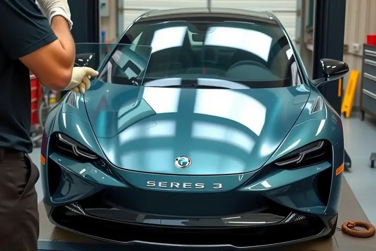 A detailed workshop scene showing a mechanic in protective gloves carefully installing a new windshield on a Seres 3 electric car. The car is positioned on a lift with its front exposed, and the mechanic is holding a clear, tempered glass panel, aligning it with the car's frame. The background includes automotive tools, a workbench, and a subtle hint of a garage environment. The focus is on the precision of the replacement process, with emphasis on the car's sleek front design and the clear glass.