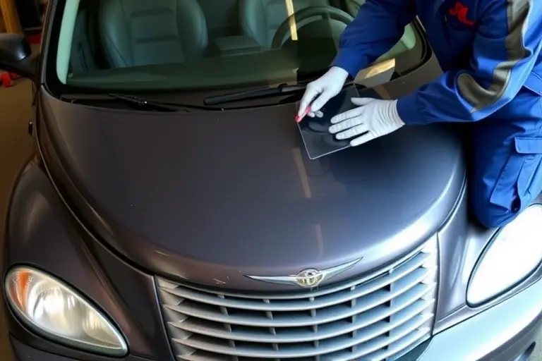 A detailed scene of a mechanic replacing the windshield on a 2001 Chrysler PT Cruiser. The car is parked on a flat surface, its front exposed. The old cracked windshield is partially removed, revealing the frame. The mechanic, wearing a blue coveralls and gloves, is carefully aligning a new clear glass panel into the frame, using a suction cup and a small tool. The background shows a garage with a workbench, a toolbox, and a car jack. The focus is on the hands, the glass, and the car's front, with realistic lighting and texture.