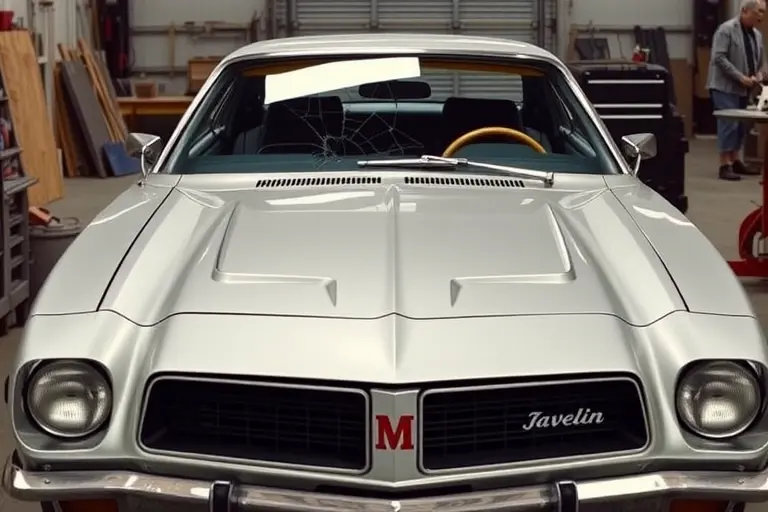 A classic 1972 AMC Javelin with a 6.6 L V8 engine, shown from the front in a workshop environment where the windshield is being removed and replaced. The scene focuses on the car's body lines, the cracked old windshield, and the new glass ready to be installed, with tools and a mechanic's hands visible but no faces or text. The lighting is bright and realistic, highlighting the metallic paint and the clean lines of the vintage sports car.