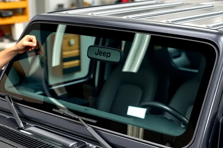A close-up of a 2018 Jeep Wrangler with a newly installed windshield, showing the clear glass and the surrounding frame. The scene is set in a workshop with a mechanic's hands holding a replacement windshield, tools scattered around, and a subtle reflection of the vehicle's body on the glass. The focus is on the quality of the glass and the precision of the installation, with a clean, realistic style.