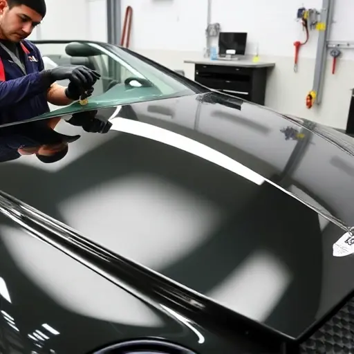 A detailed close‑up of a mechanic replacing the windshield on a Bentley Continental GT 4.0 L V8 Twin Turbo in a professional garage setting. The image shows the car’s front end with the old glass removed, a new high‑strength glass panel being fitted, and tools such as a suction cup, a glass cutter, and a sealant dispenser. The background includes a clean workbench, a safety harness, and a subtle reflection of the car’s polished body. The lighting is bright and evenly distributed, highlighting the glossy finish of the new windshield and the precision of the installation process.
