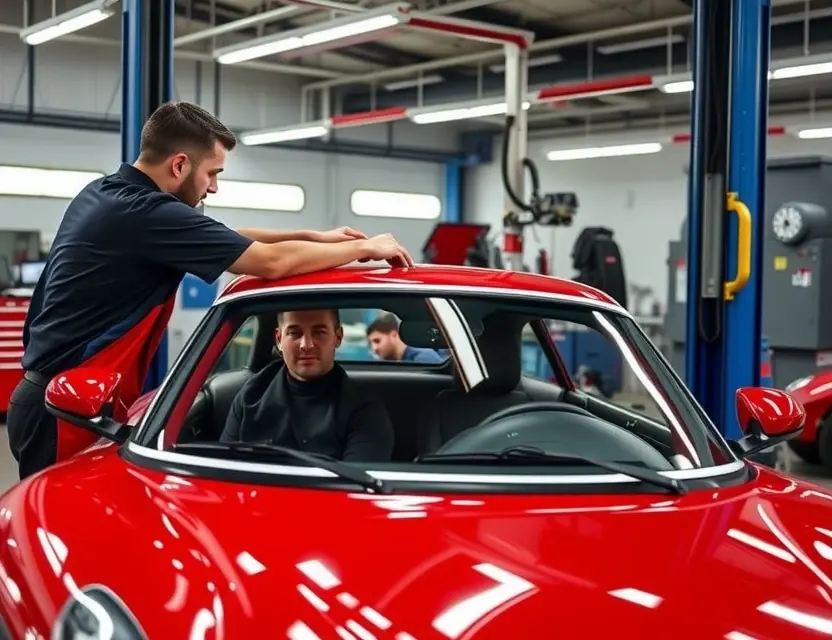 A professional automotive service center showing a technician carefully replacing the windshield of an Alpine A610 car, with clean tools, safety equipment, and a well-lit workshop environment, no people other than the technician, no text or logos
