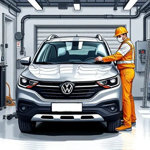 A realistic smallHQ style illustration of a 2019-2021 Borgward BX3 1.4T 150 hp parked in a garage, with a professional mechanic in safety gear carefully removing the damaged front windshield and holding a new windshield ready for installation, tools like suction cups and a wrench visible, clean workshop background, focus on the car and windshield replacement process.