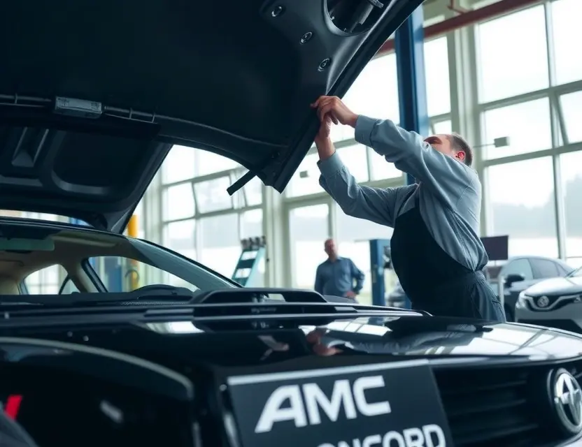 A professional automotive service center showing a technician carefully replacing a windshield on an AMC Concord car, with clean tools and equipment visible, modern facility background, natural lighting, no people other than the technician, no text or logos