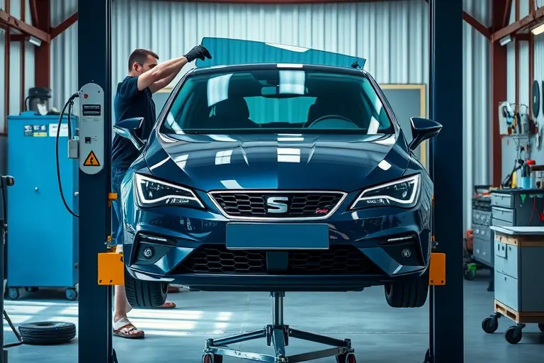 A realistic workshop scene showing a mechanic replacing the windshield of a 2020 SEAT Leon 1.5 eTSI 150 hp. The car is partially lifted on a hydraulic lift, the old glass is removed, and a new clear glass is being fitted. The setting includes tools, a workbench, and a clear view of the car’s front, all in high detail and realistic lighting.