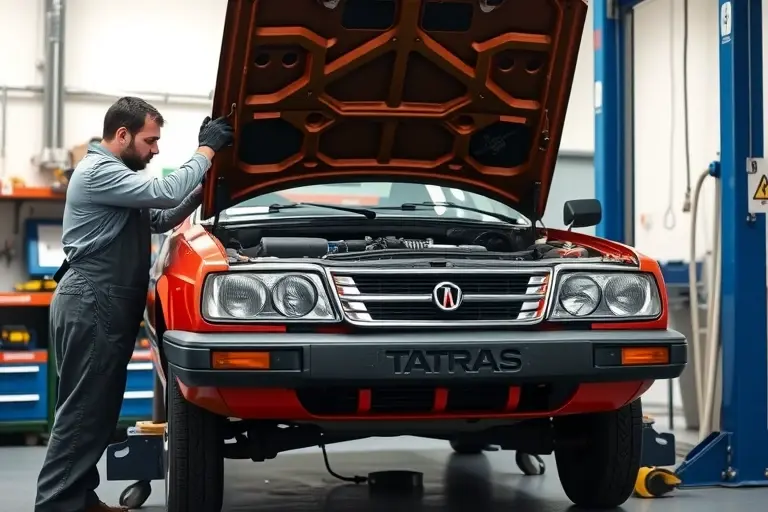 A realistic, high-detail scene of a mechanic replacing the windshield of a Tatra 613 3.5 V8 165 hp (1974–1996) in a workshop. The car is positioned on a lift with its hood open, showing the front of the vehicle. The mechanic, wearing a work apron and gloves, is carefully removing the old windshield and fitting a new one. The background includes workshop tools, a workbench, and a safety sign. The lighting is bright and focused on the car, creating a clear, professional atmosphere. No text, letters, or digits should appear in the image.