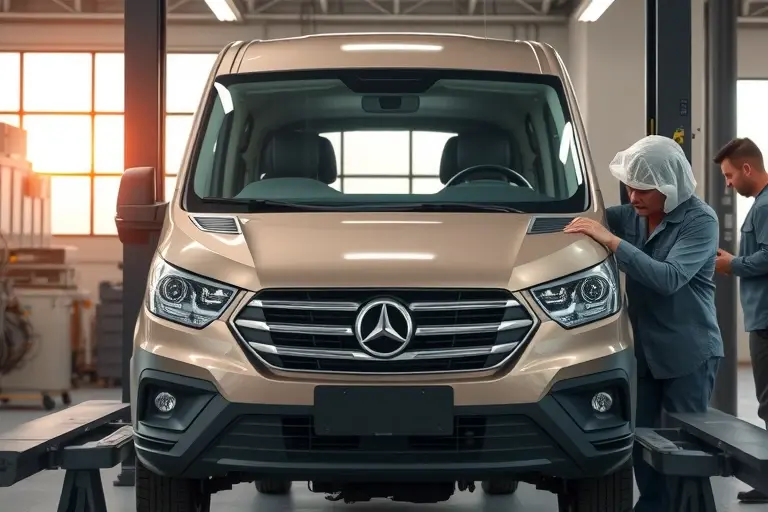 A professional auto workshop scene showing a Venucia D60 Plus (2017 model) on a lift with a technician carefully removing the old windshield and installing a new one, focusing on the car's front view and the glass replacement process, realistic lighting and details