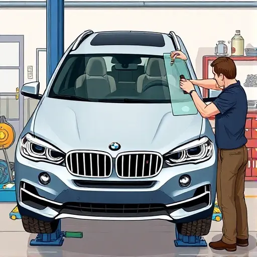 A detailed illustration of a mechanic replacing the windshield of a 2018 BMW X5 4.4 V8 530 hp (G05). The scene shows the car on a lift, the old windshield removed, a new clear glass panel being fitted, with tools such as a suction cup, a sealant gun, and a cleaning cloth. The background is a garage with a workbench and a toolbox. The focus is on the precision of the replacement process, the clear glass, and the car's sleek exterior.