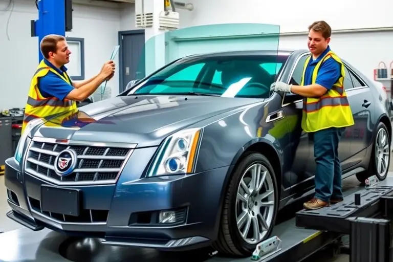 A detailed, realistic scene of a 2008 Cadillac CTS 2.0 Turbo with its windshield being professionally replaced in a clean auto repair garage. The car is positioned on a lift, with a skilled mechanic in a safety vest and gloves carefully removing the old windshield and holding a new glass panel ready for installation. Tools such as suction cups, a windshield removal tool, and a protective blanket are visible. The focus is on the car and the windshield replacement process, with bright, natural lighting highlighting the sleek lines of the Cadillac and the precision of the work.