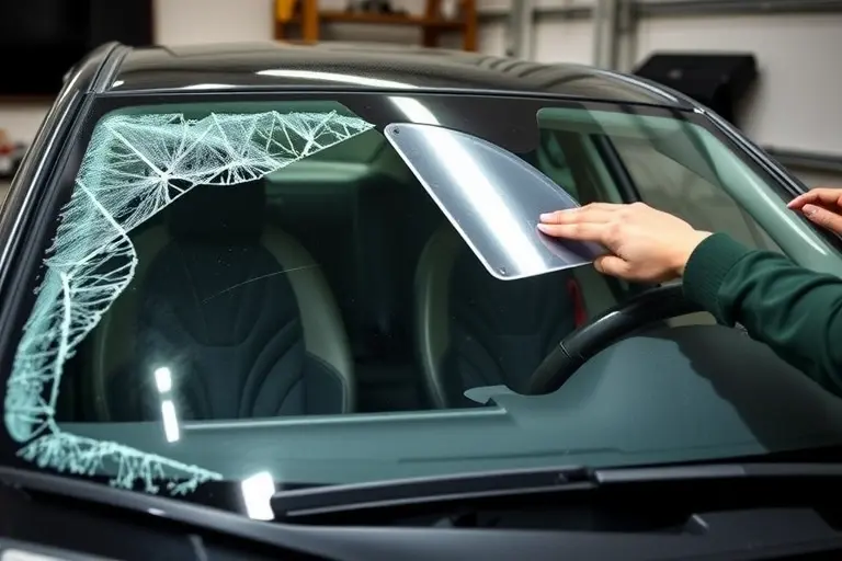 A mechanic in a garage replacing the windshield of a 2012 LADA Largus 1.6 L 87 hp. The image shows the car with a broken windshield, the new windshield being fitted using a suction cup and a glass cutter, with protective film applied. The mechanic’s hands and tools are visible, and the car’s interior is partially visible through the new glass. No text or lettering is present.