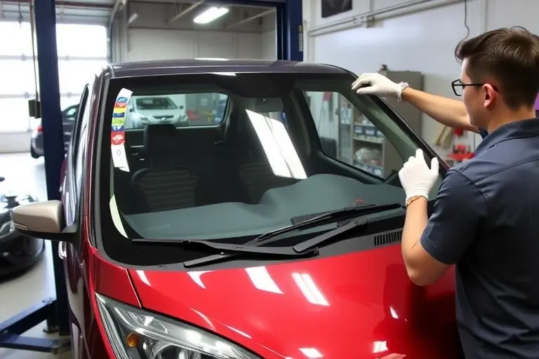 A workshop scene showing a mechanic replacing the windshield of a Mitsuoka Rock Star 1.5 Skyactiv 115 hp. The car is positioned on a lift, the old windshield is removed, and a new clear glass panel is being fitted. Tools such as a suction cup, a glass cutter, and a cleaning cloth are visible. The background shows a garage with automotive parts and a workbench.