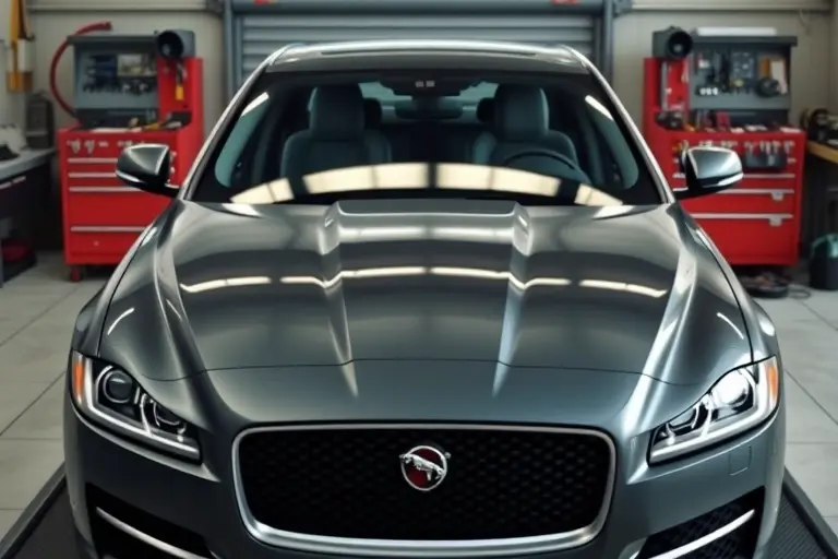 A realistic automotive workshop scene showing a Jaguar XF 2.0 Turbo 200 hp (2015) with its windshield being replaced. The image focuses on the front end of the car, the new glass panel installed, and a mechanic’s tools and workbench in the background, all rendered in high detail.
