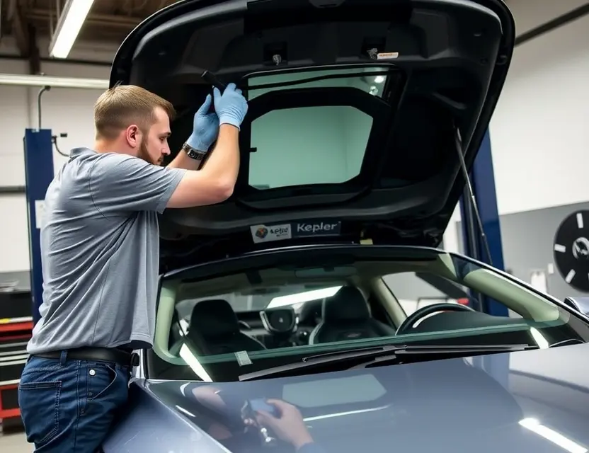 Замена лобового стекла Kepler Motion A professional technician replacing the windshield of a Kepler Motion car in a well-lit garage. The technician is wearing safety gloves and using specialized tools to carefully remove the old windshield and install the new one. The car is parked on a lift, and the interior is visible through the open hood. The scene should convey precision and expertise.