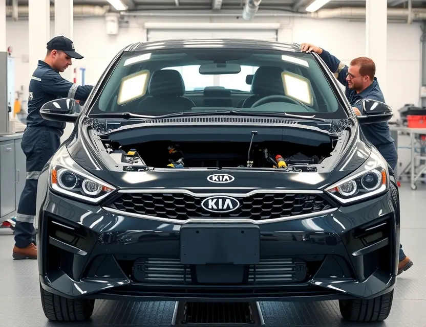A high-quality, realistic photo of a Kia sedan in a professional auto repair shop with its front windshield removed, showing the exposed frame and a new windshield being carefully installed by a technician wearing safety gear, bright workshop lighting, clean environment, no text or logos