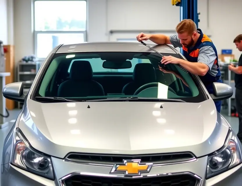 Замена лобового стекла Chevrolet Cruze A Chevrolet Cruze with a new windshield being installed by a professional mechanic in a well-lit auto repair shop, showing the removal of the old windshield and the precise placement of the new one, no people in the background, clean and professional environment
