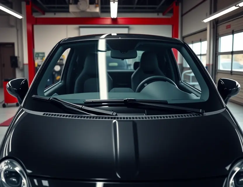A modern Abarth 595 car with a newly replaced front windshield, clean and well-lit, showing the car in a professional auto service center environment, no people, no text, no logos, realistic lighting, high detail