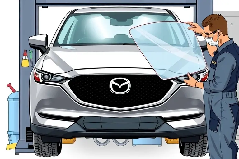 A detailed illustration of a mechanic replacing the windshield of a 2017 Mazda CX-5 2.0 Skyactiv G 150 hp. The scene shows the car on a lift, the old windshield removed, a new clear glass panel being fitted. The mechanic is wearing a protective mask and gloves, holding the new windshield. The background is a workshop with tools and a workbench. The focus is on the car's front, the windshield area, and the mechanic's hands. No text or lettering in the image.