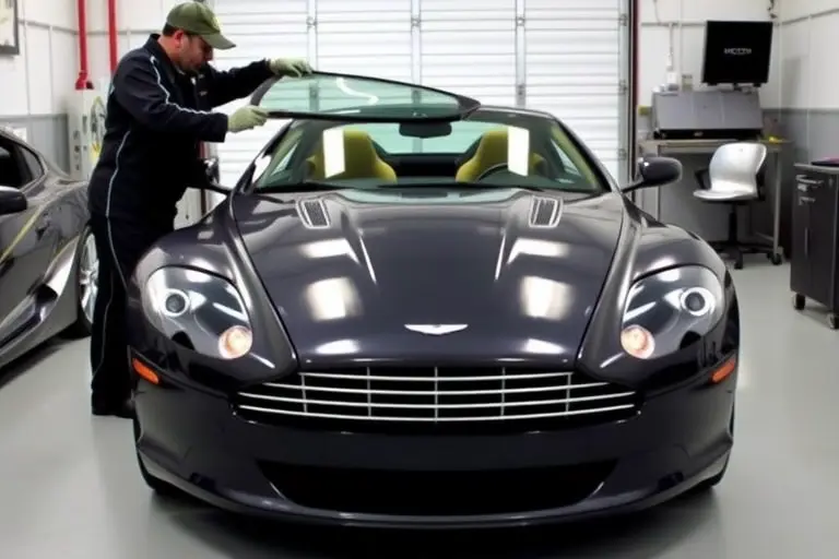 A sleek 2008 Aston Martin DB9 with its front windshield being professionally removed and replaced in a clean, well-lit garage. A skilled mechanic in protective gear uses specialized tools to lift the damaged glass, while a new pristine windshield lies nearby on a workbench. The focus is on the car's elegant lines, the open front area, and the detailed replacement process, with no logos, text, or other vehicles visible.