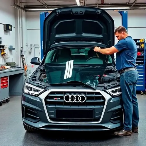 A detailed workshop scene showing a mechanic carefully removing a damaged front windshield from an Audi Q3 2.0 TDI, with the vehicle's front end exposed, a new windshield in hand, and tools and safety gear visible. The setting is a clean, well-lit garage with a workbench, a car lift, and a neatly organized toolbox. The focus is on the replacement process, highlighting the precision and care involved.