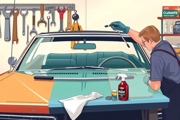 A realistic, high-resolution illustration of a mechanic replacing the windshield of a 1968 Oldsmobile Toronado. The scene shows the car's front profile with the hood slightly open, revealing the windshield area. The mechanic, wearing gloves and a protective apron, uses a suction cup and a specialized tool to remove the old glass. A new windshield is placed on a clean workbench with automotive glass cleaning supplies. The background is a well-lit garage with tools hanging on the wall and a vintage car manual on a shelf. Focus on the mechanic's hands, the tools, and the car's distinctive 1968 design.