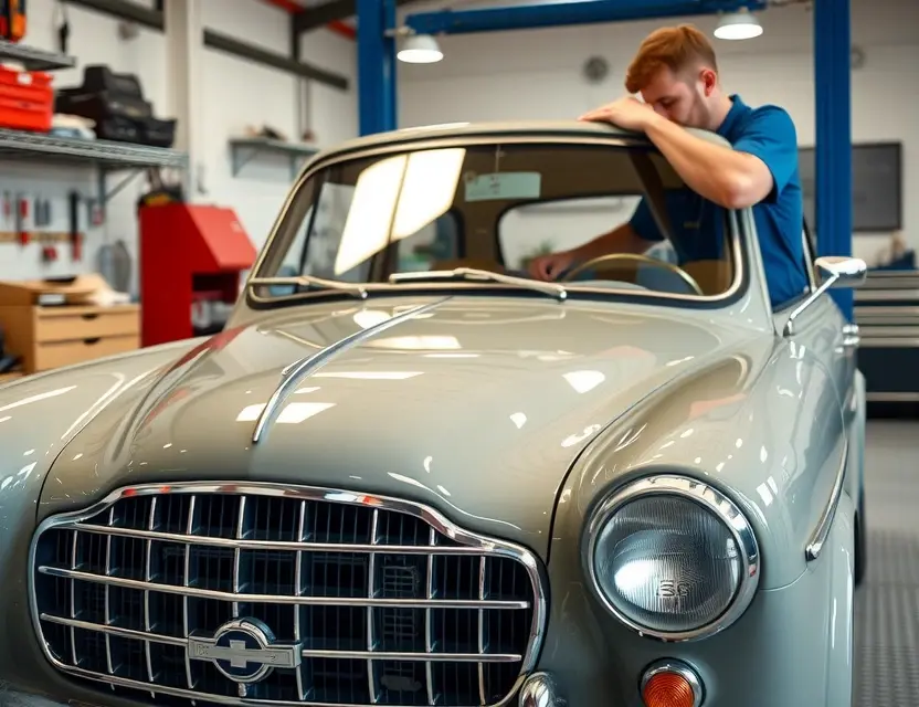 Замена лобового стекла Austin Westminster A classic Austin Westminster car parked in a professional auto repair shop, with a technician carefully installing a new clear windshield. The scene is well-lit, showing the vintage car's distinctive grille and chrome details, with tools and safety equipment visible in the background. The focus is on the precision of the glass replacement process, capturing the vehicle's elegant lines and the clean, organized workspace.