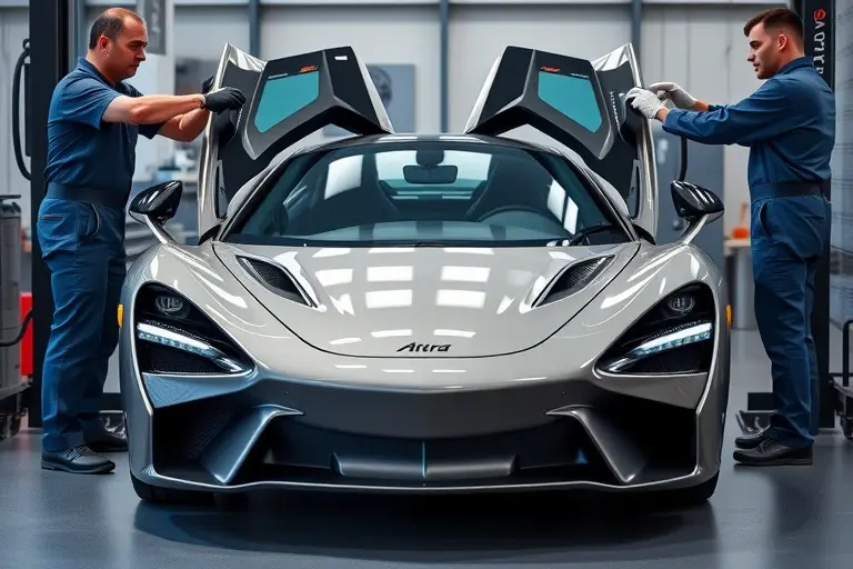 A high-quality image of a McLaren Artura V6 3.0 Twin Turbo + electric in a workshop, showing the front profile of the car with its windshield being removed and a new windshield being installed by a mechanic in a jumpsuit. The scene includes a car lift, tools, and realistic lighting, with no text, letters, or logos visible.