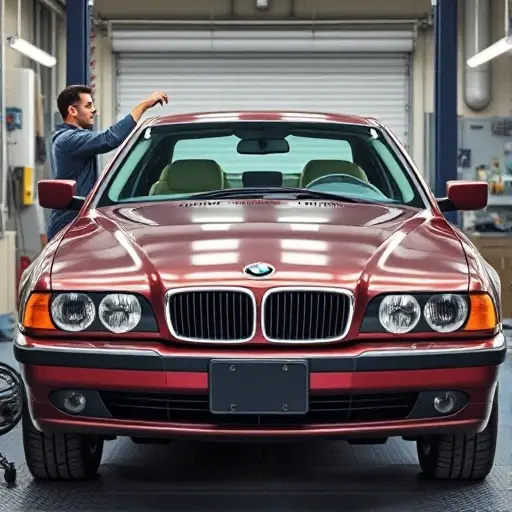 A detailed, realistic depiction of a mechanic replacing the front windshield of a BMW 7er E38 5.4 V12 326 hp (1994–2001). The scene shows the car's front profile with the old glass removed and the new glass being fitted, using appropriate automotive tools and a clean, professional workshop setting. The focus is on the vehicle and the replacement process, with no text, letters, or digits visible.