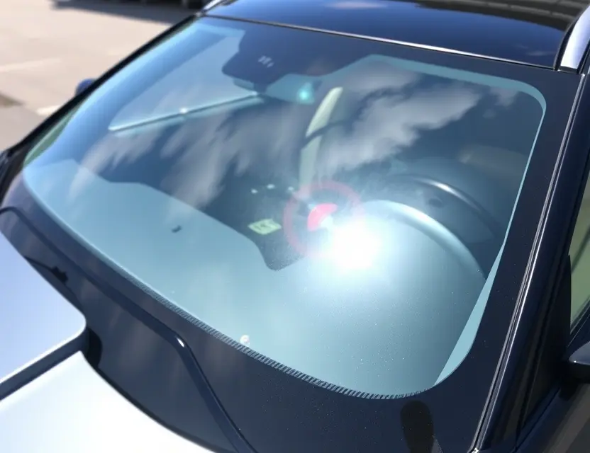 A Jaguar F-Pace with a replaced windshield, showing the new windshield installed. The car is parked outdoors on a sunny day. Focus on the clarity and quality of the new windshield.