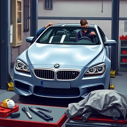 A detailed, realistic illustration of a mechanic in a garage replacing the windshield of a BMW M6 E63 5.0 V10 507 hp (2005–2010). The scene shows the car on a lift, the old windshield removed and a new one being fitted, with tools and a protective cover in the foreground. The background includes a workbench with automotive parts, a safety mask, and a subtle hint of a workshop environment. The focus is on the precision of the replacement process, the sleek design of the BMW, and the careful handling of the glass.