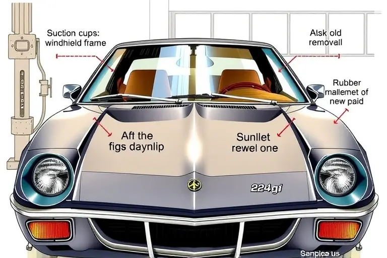 A detailed illustration of a classic 1971-1974 AMC AMX sports car in a garage setting, focusing on the front end where a mechanic is carefully removing the old windshield and installing a new one. The scene shows the car's distinctive sleek lines, the open hood, the windshield frame, and professional automotive tools such as suction cups, a rubber mallet, and a glass handling pad. The lighting highlights the glossy paint and the reflective glass, emphasizing the precision of the windshield replacement process.