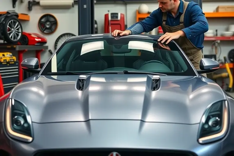 A detailed workshop scene showing a mechanic replacing the windshield of a Jaguar F-Type 5.0 V8 Supercharged 575 hp. The focus is on the car's front, the new glass panel being installed, with tools and a workbench in the background. The setting is a well-lit garage with automotive parts and a safety harness. The image should capture the precision and craftsmanship of the task.
