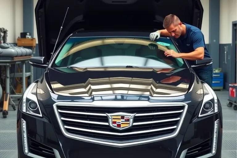 A professional auto repair shop scene showing a 2013-2019 Cadillac CTS with a 3.6 V6 engine, the front windshield being carefully removed by a mechanic using suction cups and specialized tools. The car is positioned centrally, with the hood open and the surrounding area clean and well-lit, emphasizing the precision of the windshield replacement process.