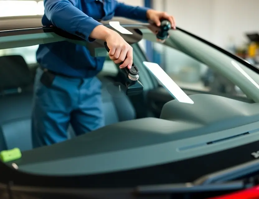 A close-up shot of a Baojun 730 car windshield being replaced by a mechanic. The focus should be on the replacement process, showing tools and the new windshield. The car should be parked in a garage or workshop setting.