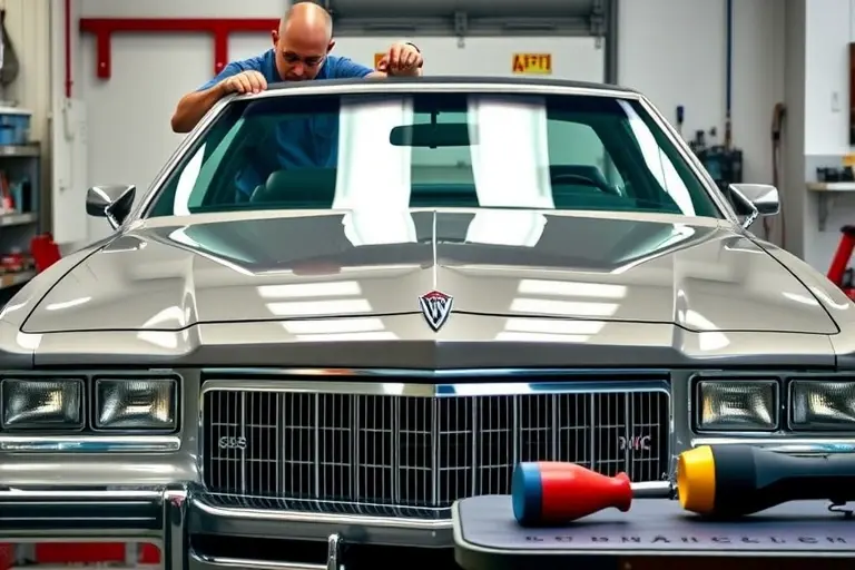 A detailed, realistic scene of a Buick Riviera 3.8 Supercharged (240 hp) in a garage, focusing on the front of the car as a technician carefully removes the old windshield and installs a new one. The car's classic lines and distinctive front grille are visible, with the windshield glass glinting under workshop lighting. Tools such as suction cups, a rubber mallet, and a windshield removal tool are on a workbench nearby. The setting is clean, well-lit, and emphasizes the precision of the windshield replacement process.