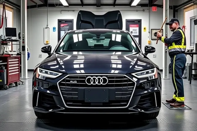 A professional garage scene showing an Audi A6 (2018‑present) with its front windshield being removed and a new windshield being installed. The car is positioned centrally, with a mechanic in safety gear using suction cups and tools to handle the glass. The background includes a clean workshop environment with equipment, but no logos or text.