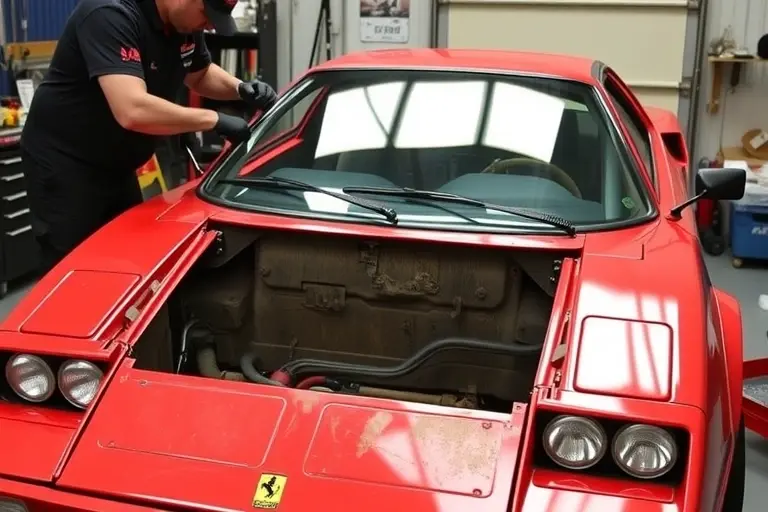 A detailed workshop scene showing a mechanic replacing the windshield on a Lancia Stratos HF 2.4 V6 Ferrari 190 hp, with the car's front exposed, the old glass removed, a new windshield being fitted, tools and a garage background