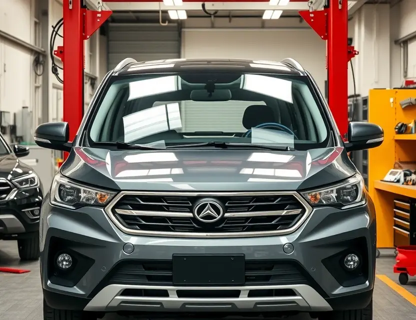 A high-quality, realistic photo of a Changan CS35 Plus SUV in a professional auto repair shop, with the front windshield removed to show the empty frame and the new glass being prepared for installation. The scene includes automotive tools, safety equipment, and a clean workshop environment, focusing on the vehicle's front section without any text or logos.