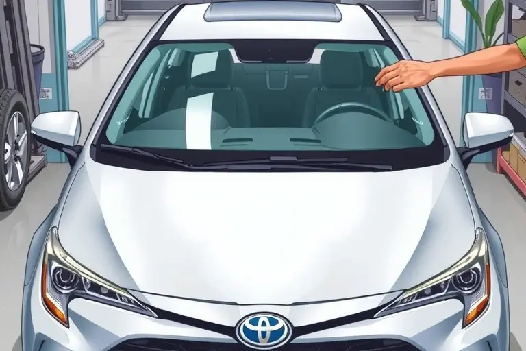 A detailed, realistic illustration of a mechanic replacing the windshield of a Toyota Corolla E210 2.0 Hybrid. The scene shows the car in a garage, the old windshield removed, a new glass panel being fitted with suction cups and adhesive. Tools such as a glass cutter, a wiper blade, and a protective cover are present. The focus is on the car's front, the windshield area, and the mechanic's hands in action, with a clear view of the vehicle's body and the replacement process.