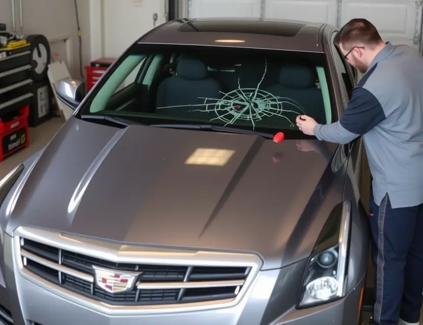 A Cadillac ATS with a cracked windshield being replaced by a technician. The car is parked on a service lift in a garage. Focus on the replacement process and the technician's tools.
