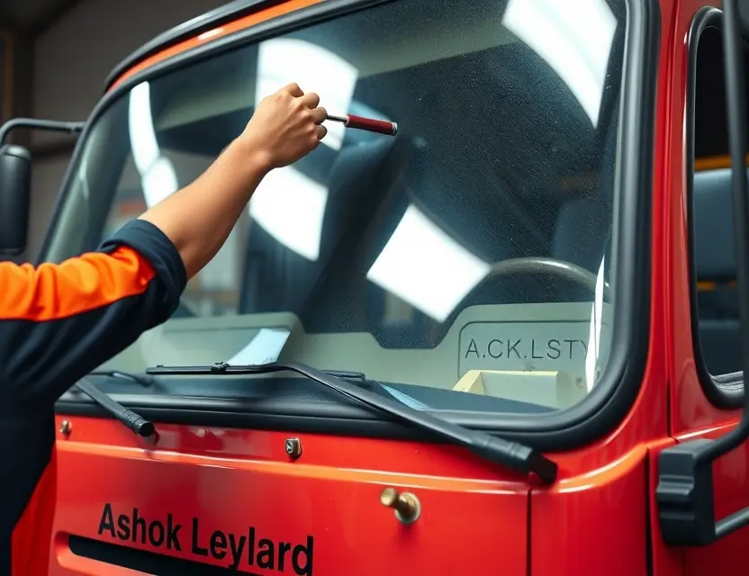 A close-up shot of a mechanic skillfully removing a windshield from an Ashok Leyland truck. The focus should be on the tools and the process of windshield replacement. The truck should be in a repair shop setting.