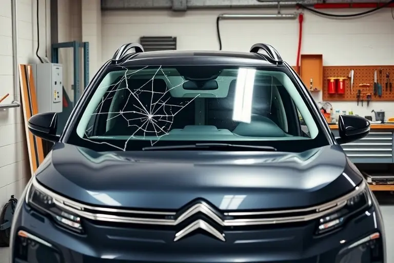 A mechanic in a garage replacing the windshield of a 2020 Citroën C5 Aircross PHEV 225 hp, showing the car's front, the old cracked windshield being removed, the new clear glass being installed, with tools and a workbench in the background.