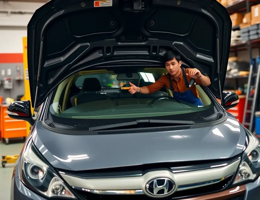 A detailed view of a professional mechanic replacing the windshield of a Fang Cheng Bao Bao 5 car. The scene should include the car with its hood open, the mechanic using tools to remove the old windshield, and a new windshield ready to be installed. The setting should be a well-lit garage with various automotive tools and equipment in the background.
