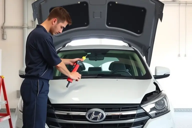 A mechanic in a garage replacing the windshield on a ChangFeng Liebao Heijingang 2.4 L 125 hp car. The car's front is open, the old windshield is removed and the new one is being installed. Tools such as a suction cup, a sealant gun, and a cleaning cloth are visible. The setting is a clean, well-lit workshop with a neutral background.